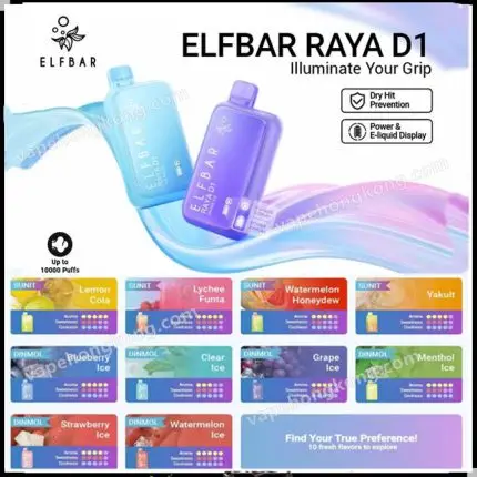 ELFBAR RAYA D1 Disposable Vape (10000 puffs)(18ml e-juice)(Baterry+Juice Display)(Multiple flavours)